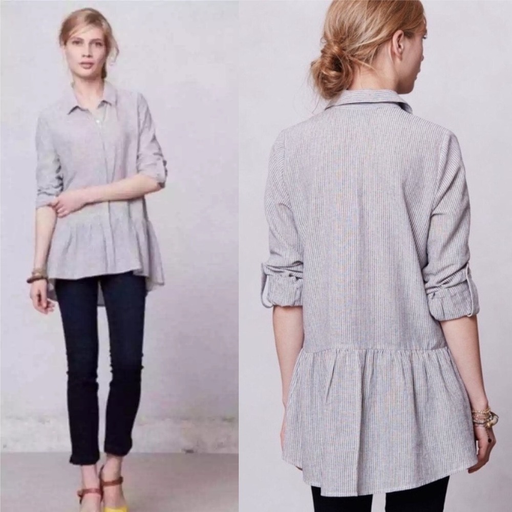 Anthropologie Striped Button Down Peplum Tunic Top Womens Size‎ Small Grey White